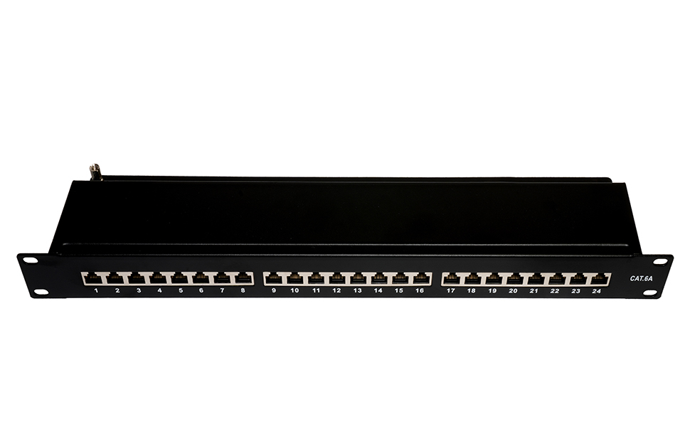 Produktbild von BIGtec 24-Port CAT6a Patchpanel Geschirmt, 500 MHz, 10 Gigabit – LSA-Klemmtechnik, 19", RAL7035 Grau