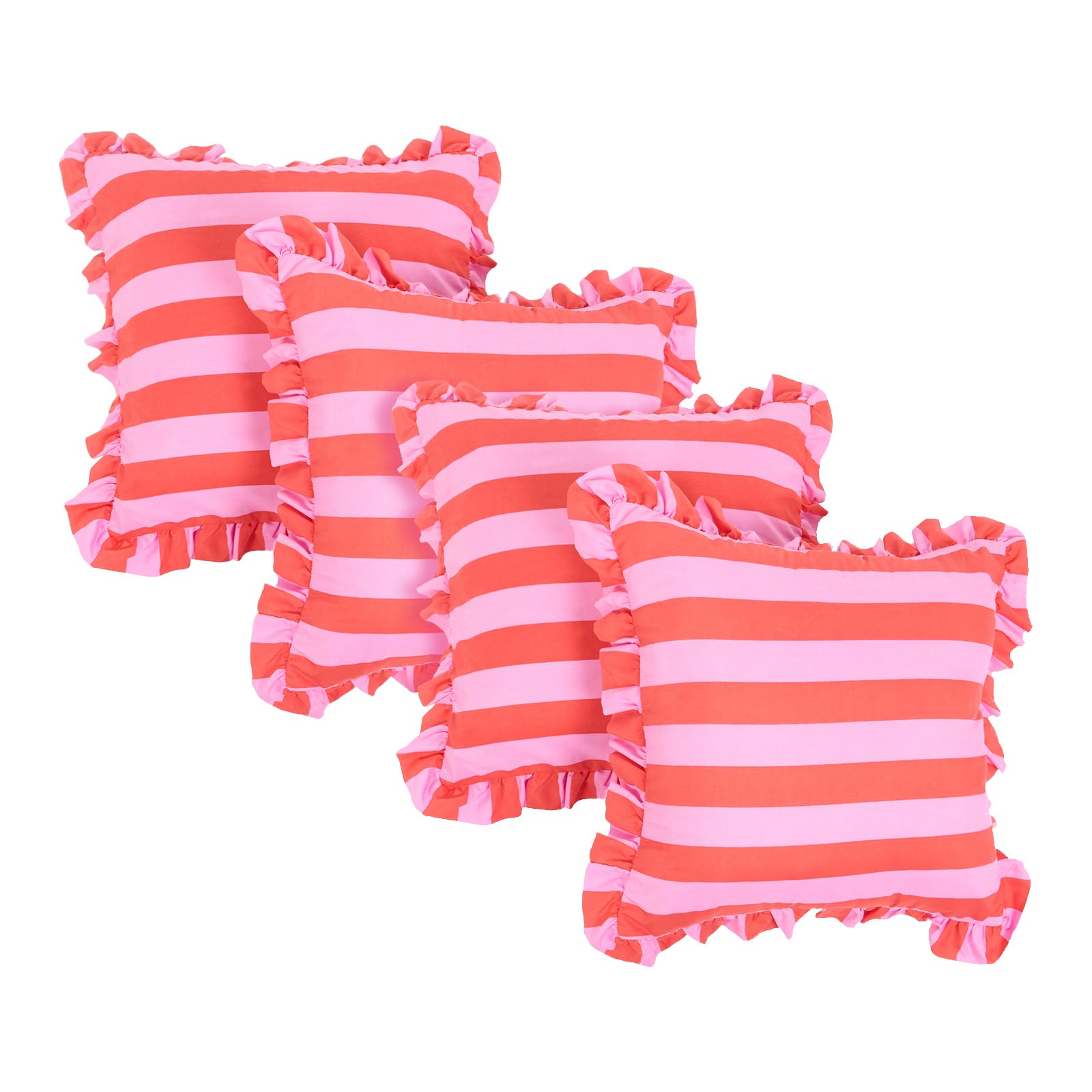 OHS Frill Edge Cushion Covers 45 x 45 Striped Decorative Square Throw Pillow Cover with Invisible Zipper Set of 4 Cushion Covers for Home Decoration Sofa Living Room Bedroom, Pink/Red