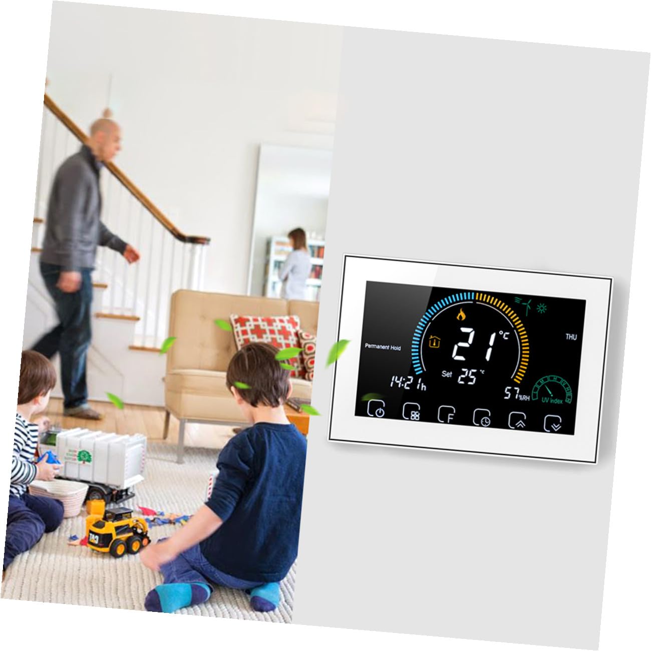 Programmierbarer Intelligenter Temperaturregler für Haushalt mit Großem 4,8 Zoll Farbdisplay Touchscreen und WLAN Steuerung 5a Leistung Weißes PC Abs Gehäuse