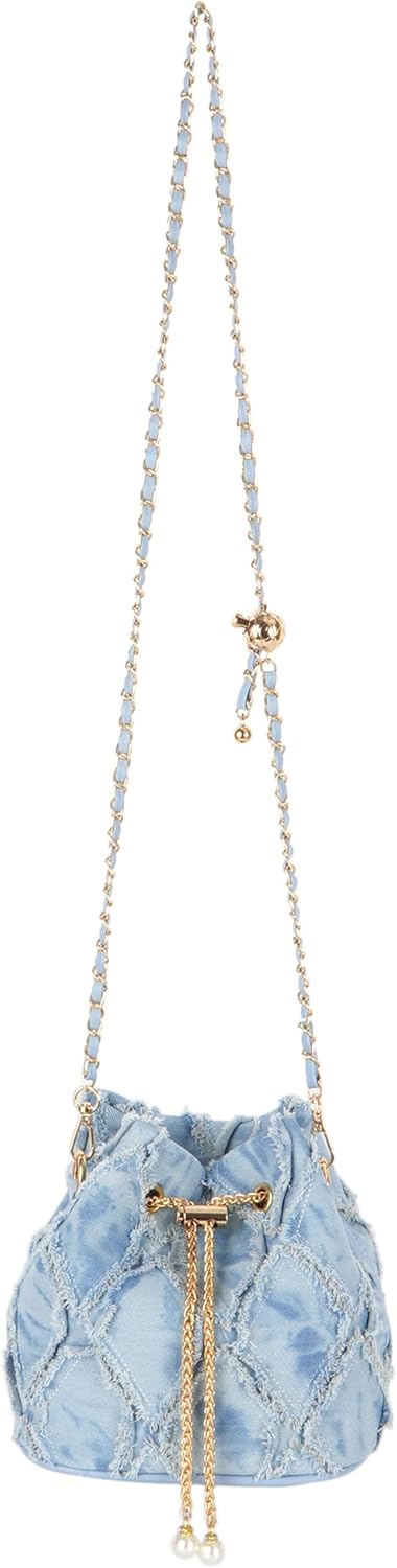 Women Denim Mini Bucket Shoulder Crossbody Bag Drawstring Quilted Distressed Tassel Barrel Shape Satchel Purse - Image 7