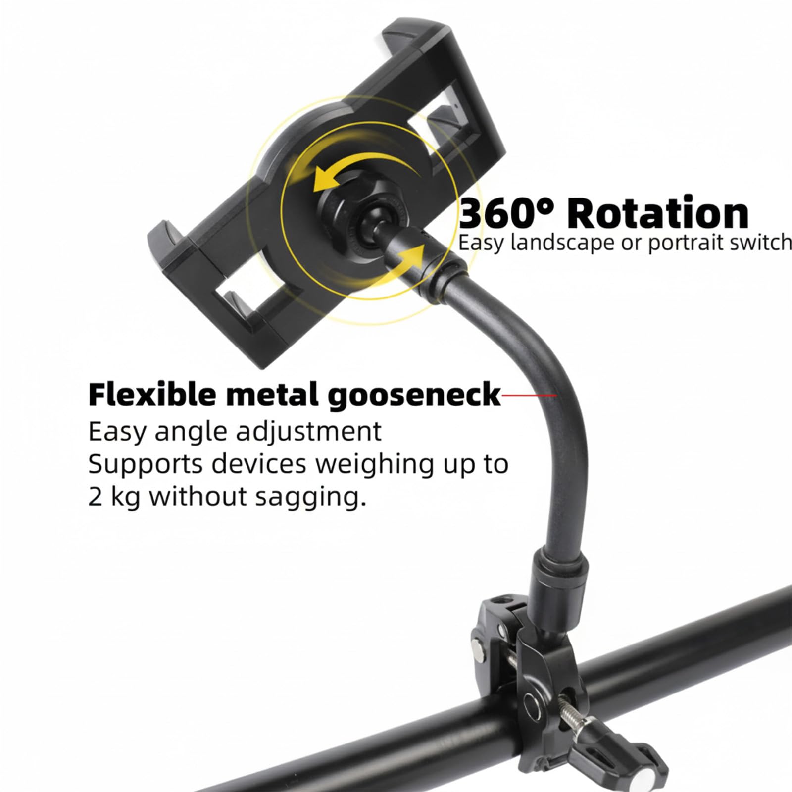 Supporto per iPad e tablet, con morsetto per aerei, rotazione a 360°, regolabile, in alluminio, per iPad Pro 12.9/Air/Mini, telefoni e tablet da 4,7-13 pollici
