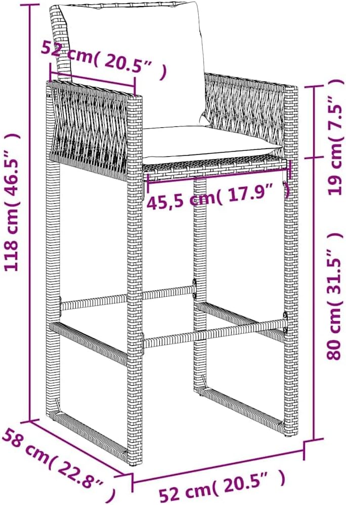 vidaXL Garden Bar Stool Grey PE Rattan, Powder-Coated Steel, 100% Polyester