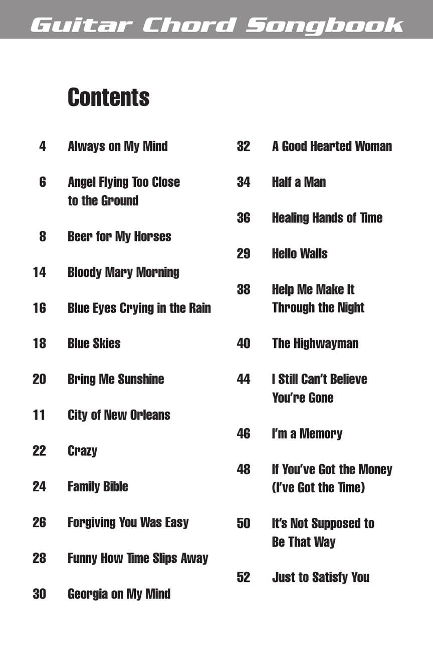 Willie Nelson Guitar Chord Songbook | 44 Classic Songs with Lyrics and Chord Diagrams | Play On the Road Again, Always on My Mind and Whiskey River | Sheet Music for Guitarists