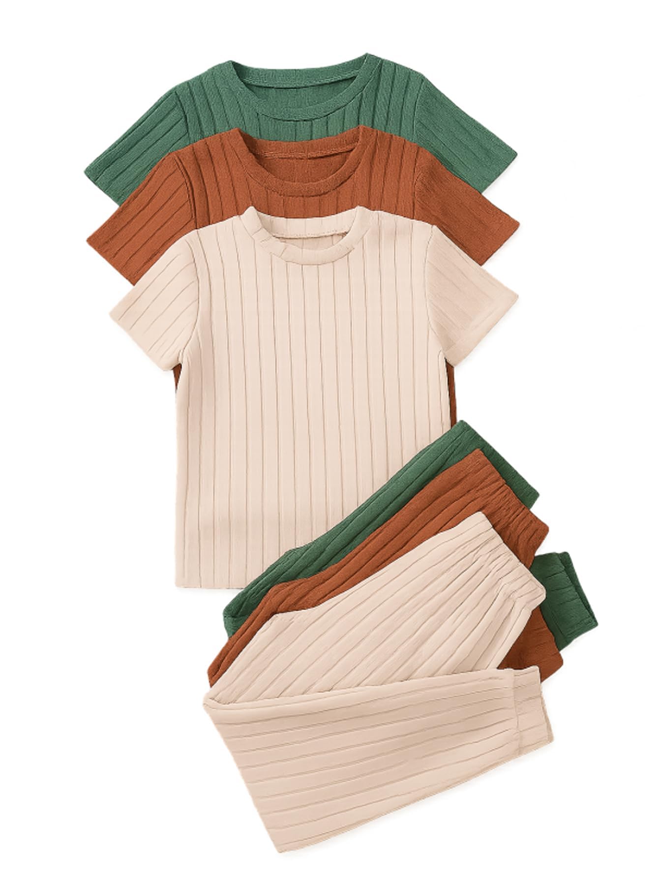 Photo 1 of *****Missing pieces 5**********Only color green ****Jolyshlid Girls 6 Pieces Knit Outfits Short Sleeve Tee Tops and Pants Clothing Set BeigeGreen 4-5Y