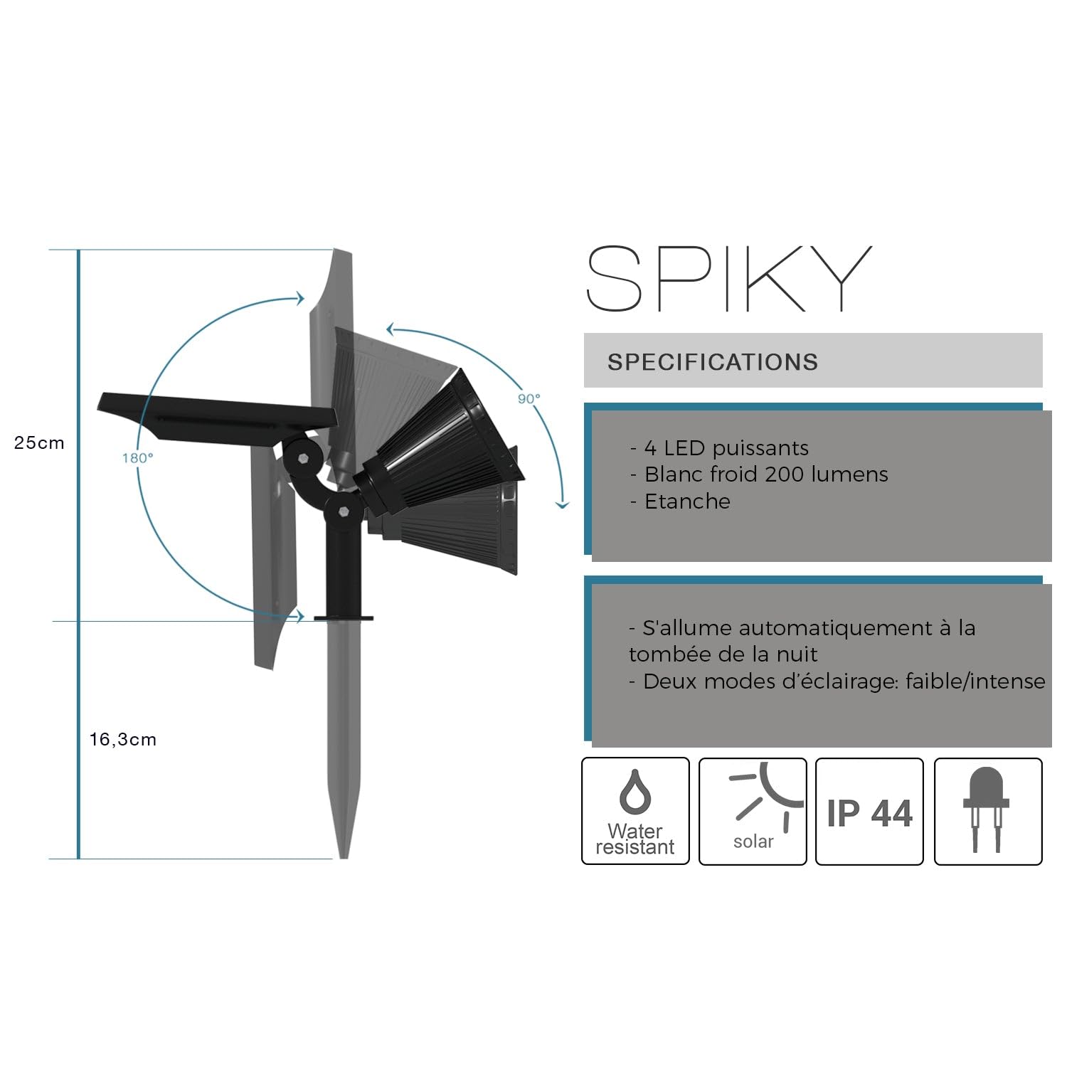 Lumisky SpIKY - Set di 4 faretti solari 2 in 1 da cucire o da fissare con potente luce dimmerabile LED bianco H42 cm