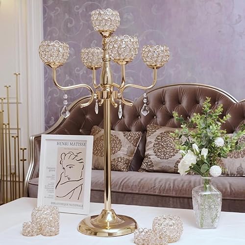 Fullvaseer Portavelas de cristal dorado de 5 brazos con gotas de cristal para cenas celebraciones de aniversario y decoración de bodas 323 pulgadas