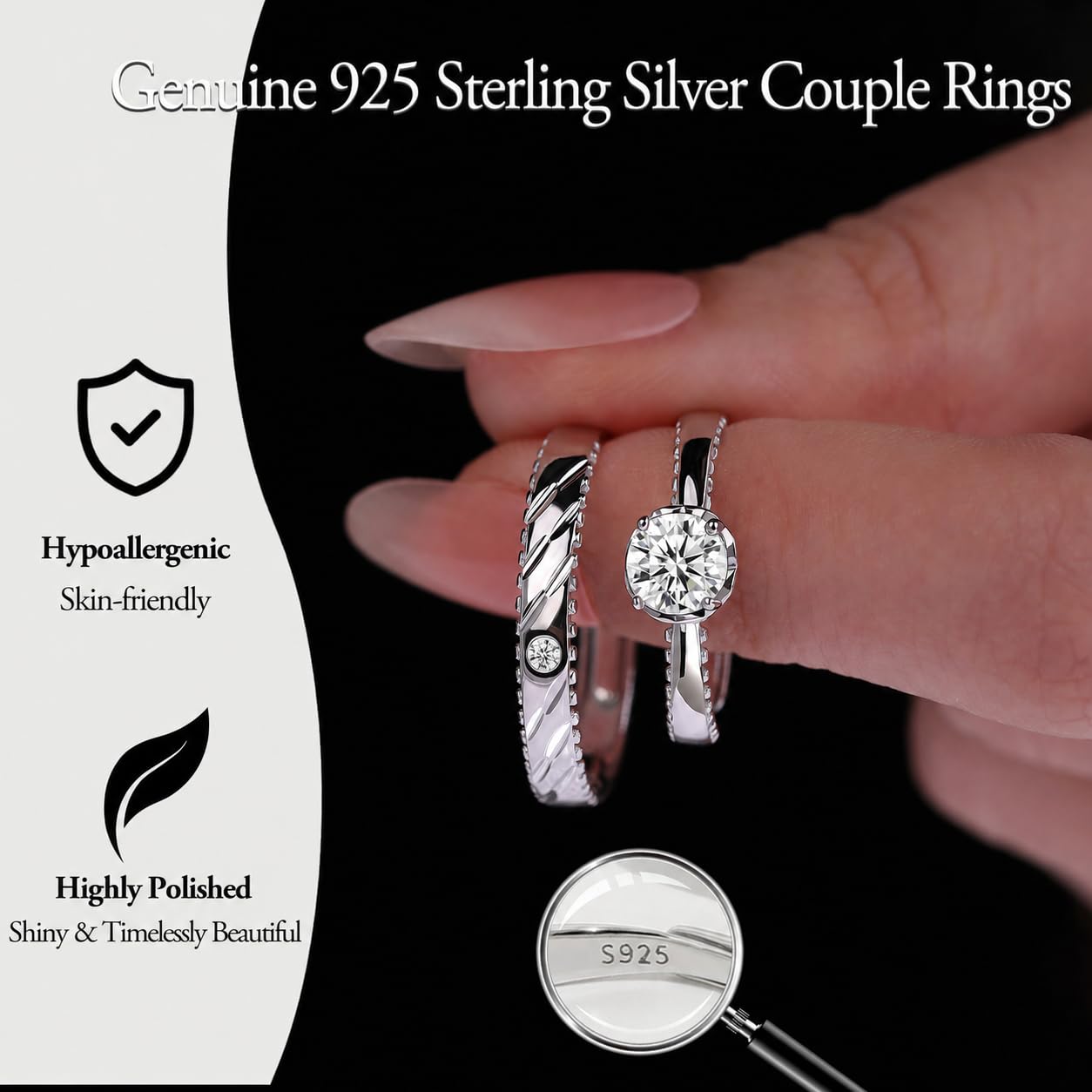 Meissa Alianzas de Plata para Pareja Anillos de Compromiso Ajustables para Hombres y Mujeres Plata de Ley 925 con Circonita 0,5ct Juego Nupcial Regalo San Valentín Boda (Juego de dos anillos)