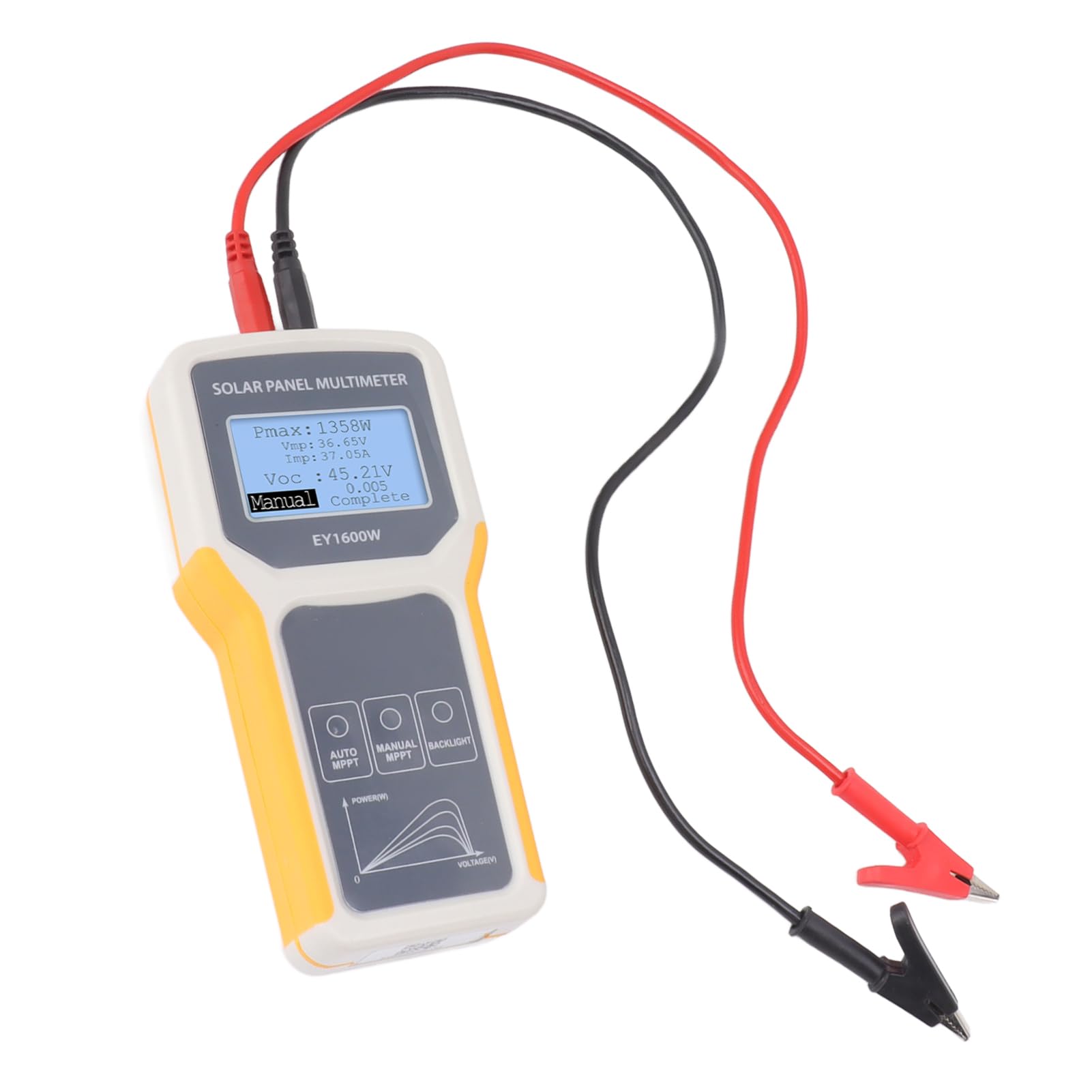 PV Panel MPPT Tester, Solar Panel Multimeter, 5-1600W, 12-60V, DC Current,Voltage, Big LCD Backlight, No Battery Needed, Portable Foldable Solar RV Boat Roof