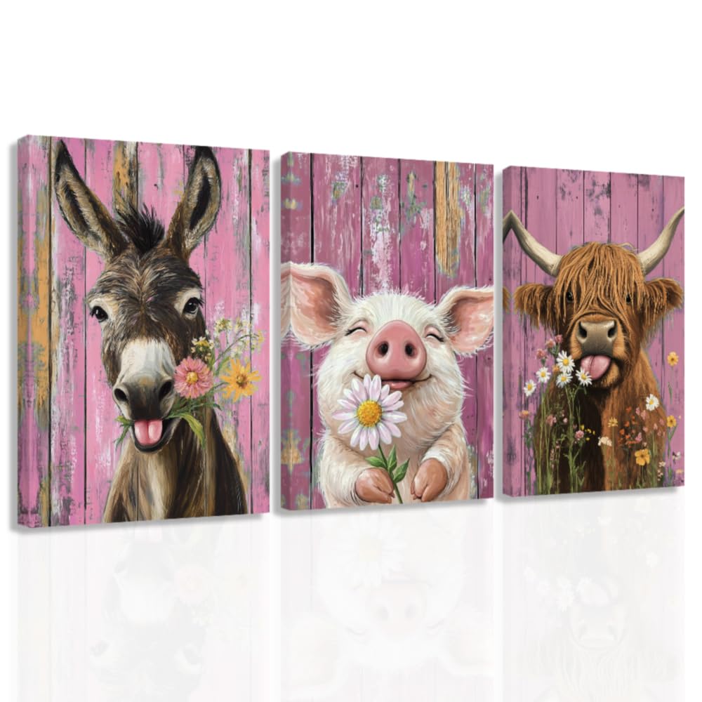 ZXHYWYM3 Piece Farm Animal Wall Art Funny Highland Cow Donkey Pig Painting Animal and Flower Pictures Farmhouse Canvas Prints Home Decor Framed (60x90cmx3) โ image 1