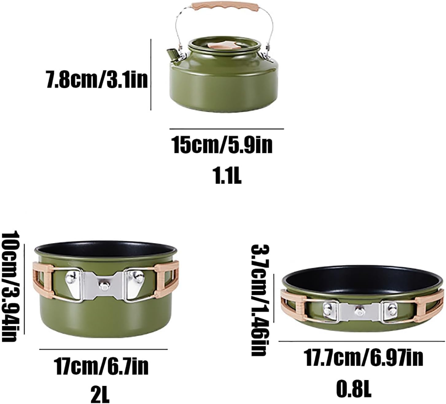 Set di 3 pentole da campeggio con pentola, padella e bollitore antiaderenti