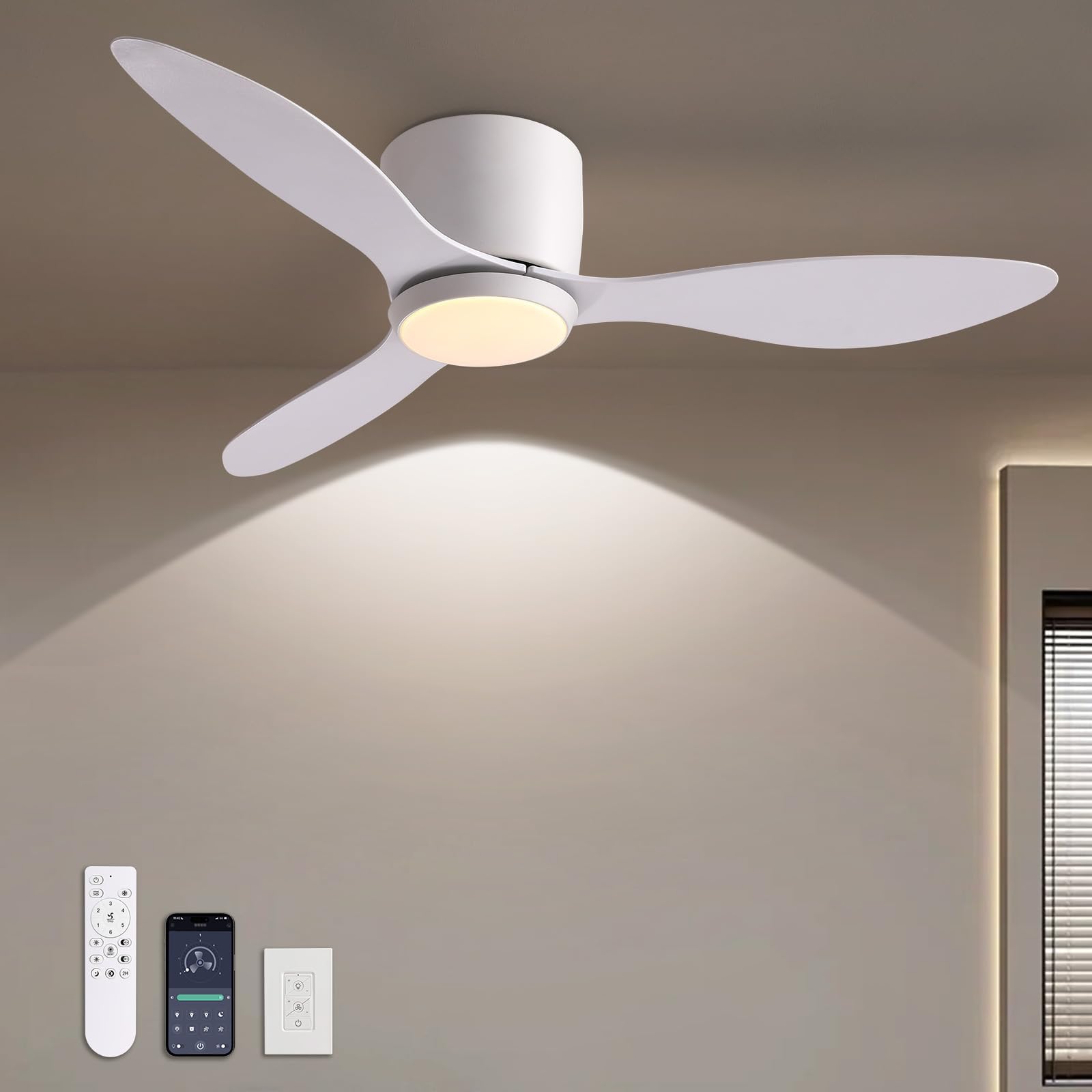 LUDOMIDE Ceiling Fans with Lights,42 Inch Low Profile Ceiling Fan with Wall Control and Remote Control,Dimmable,Flush Mount Ceiling Fan with Noiseless DC Reversible Motor for Bedroom Indoor Use