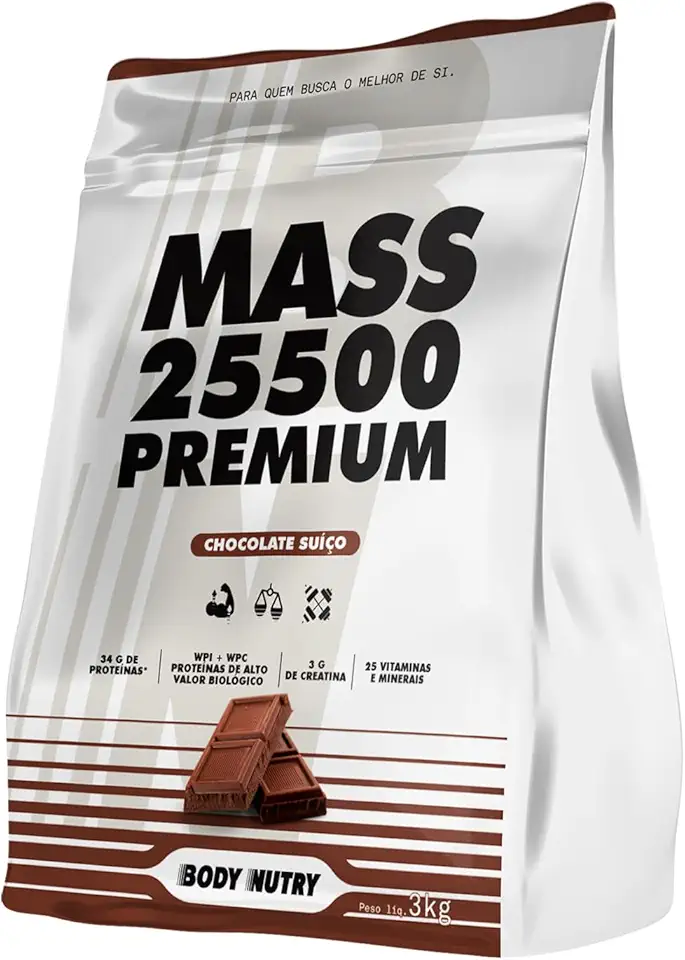 Hipercalórico Mass 25500 3kg Anticatabólico 34g de proteínas 26 vitaminas e minerais com 3g de creatina (Chocolate Suíço)