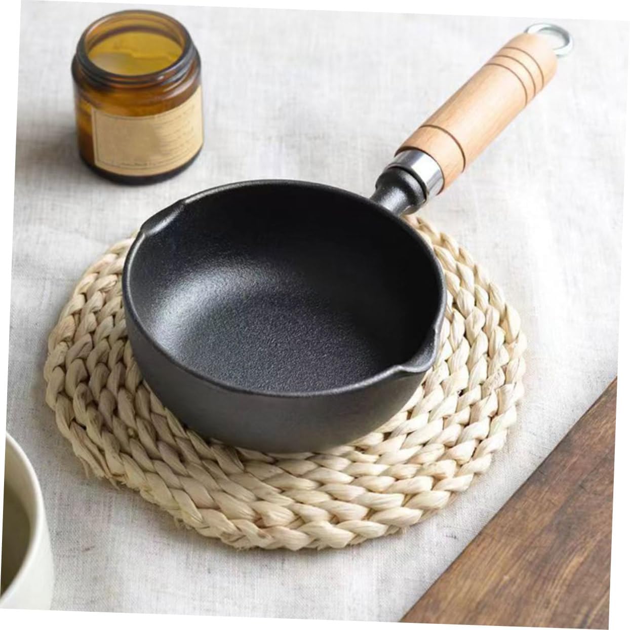 Mini Egg Frying Pan Cast Iron Fat Melting Pot with Wood Handle