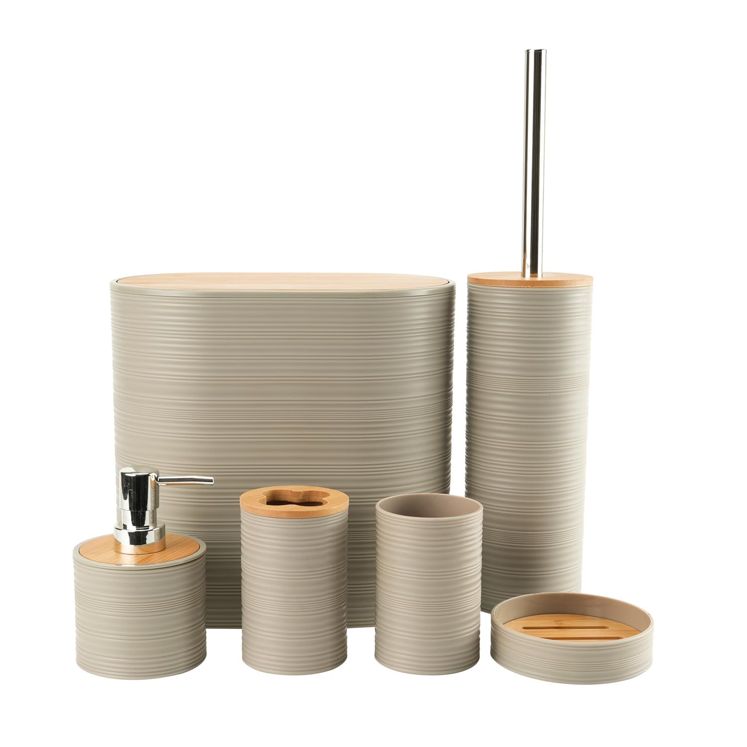 Juego de Accesorios de Baño 6 Piezas Plástico y Bambú Moderno de Artículos Esenciales para el Baño, Incluye Soporte para Cepillo de Dientes, Cubo de Basura, Escobilla y Dispensador de Jabón (Beige)