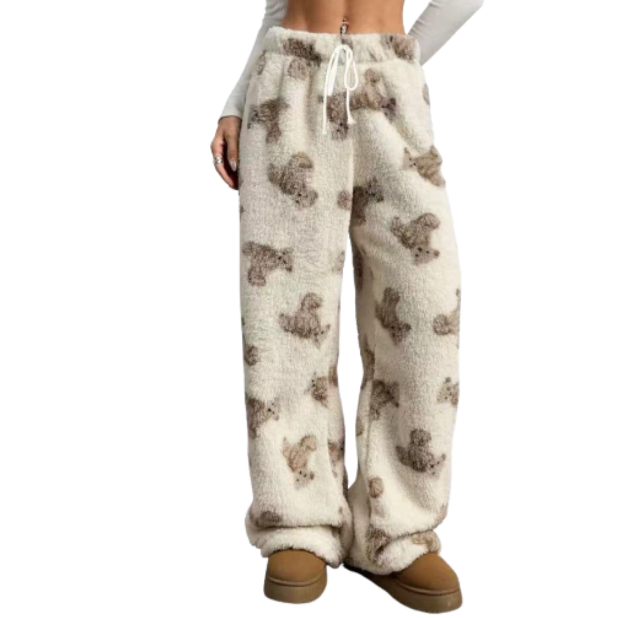 Leopard Pants Women Therian Fuzzy Pajama Y2k Cheetah Grunge High Waisted Fluffy Pants