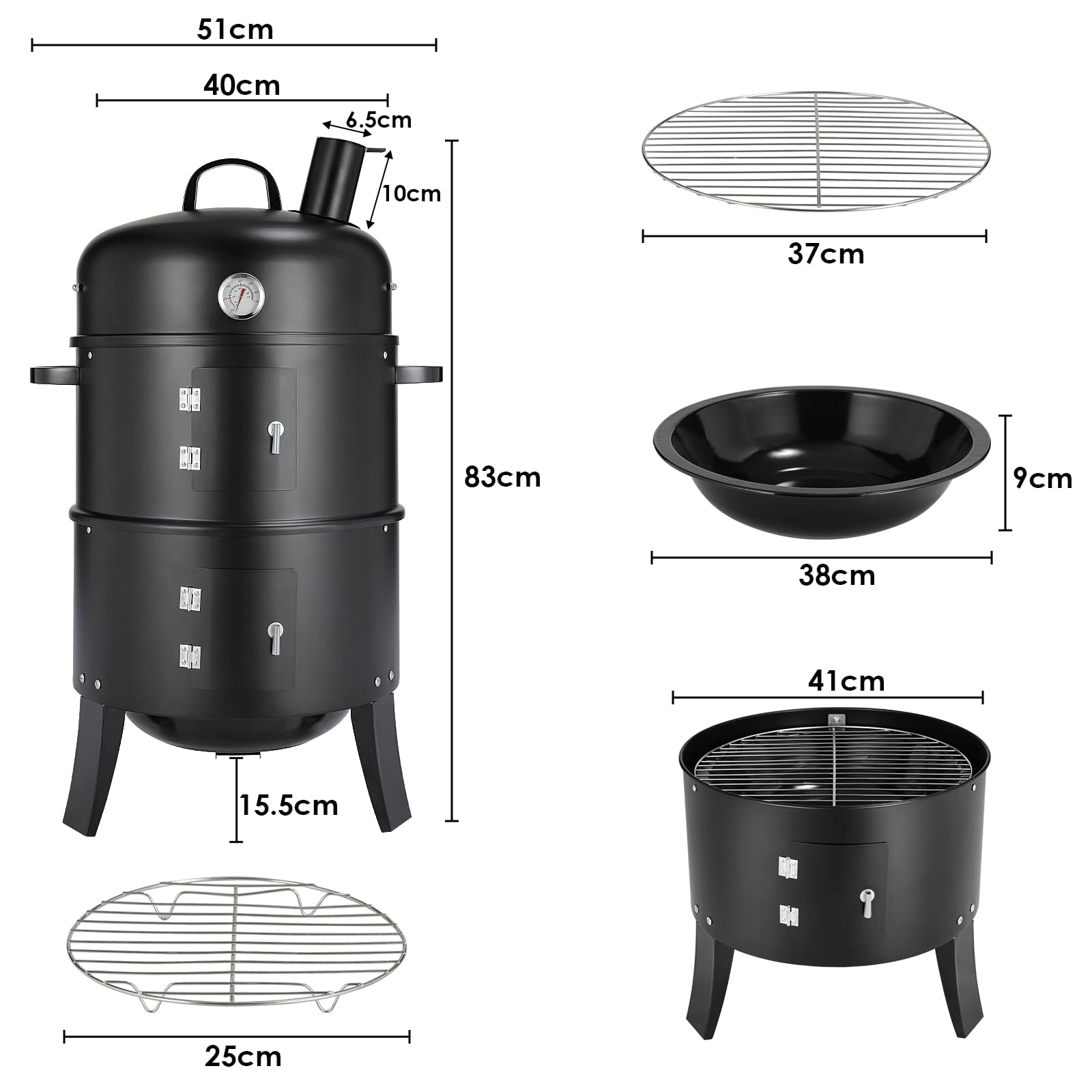 TLGREEN Fumoir 3 en 1, Smoker Fumoir avec Cheminée, Barbecue Charbon de Bois, avec Thermomètre, 2 Grilles Inox (φ 37,5 cm), 2 bol à eau en émail, Barbecue pour Fumer, Griller et Cuisiner