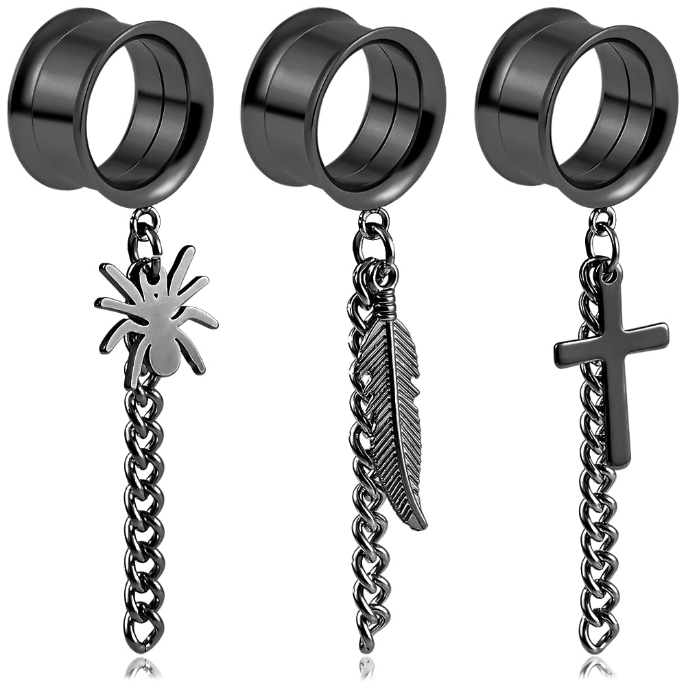 Vankula 3Pairs Set Pandent Hypoallergenic Stainless Steel 0g 2g Plugs Ear Gauges Tunnels Piercing Expander Stretchers Fashion Body Jewelry