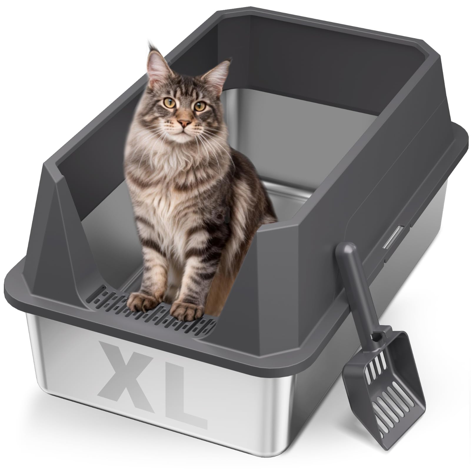 Tevila stainless steel litter box with high sides and splash guard for messy cats