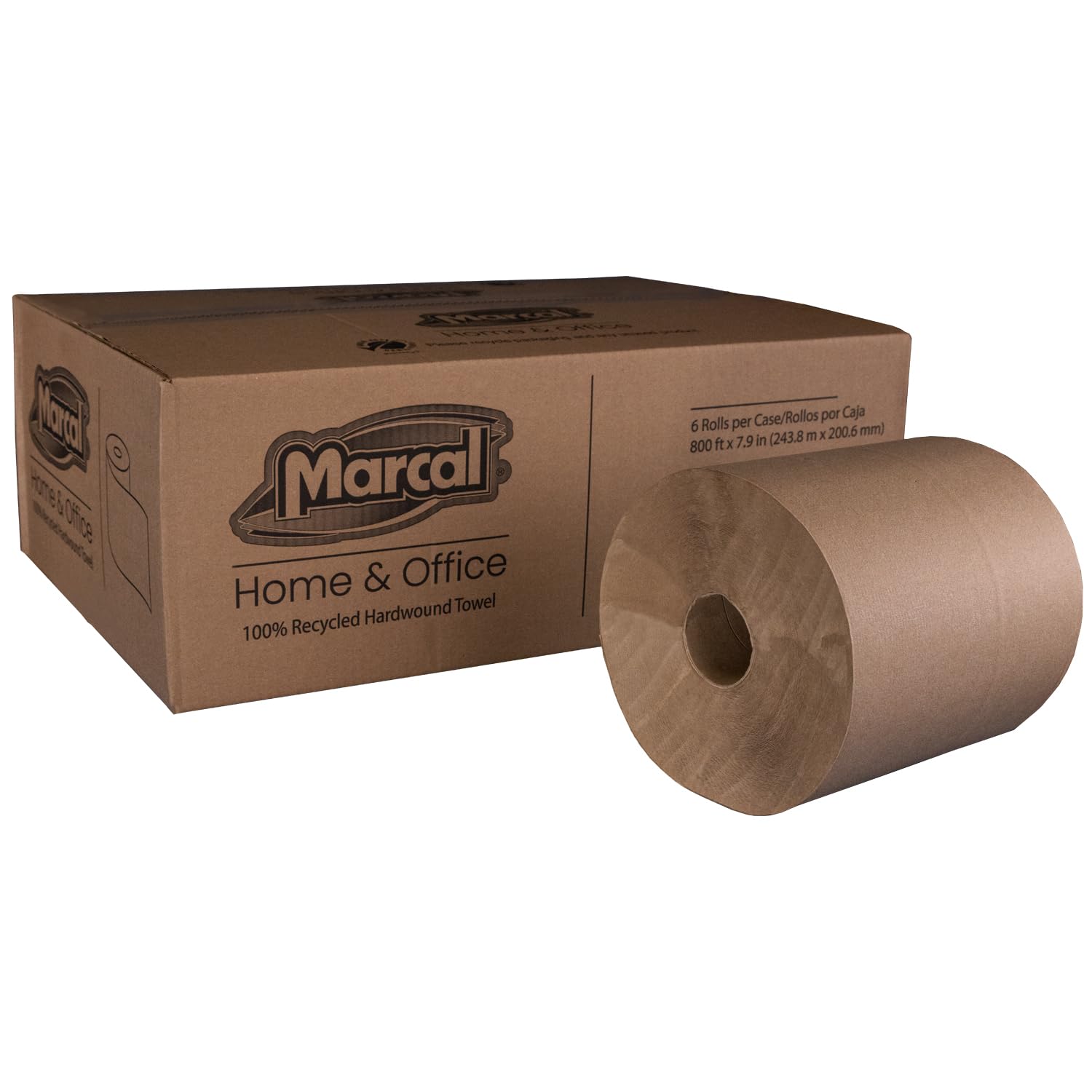 Marcal® Natural Roll Towels (H1800N) - Kraft, 7.875” x 800’, 100% Recycled, Natural, (6 Rolls/Case, 4,800’/Case) - Hardwound Towels Bulk Touchless Paper Towel Dispenser