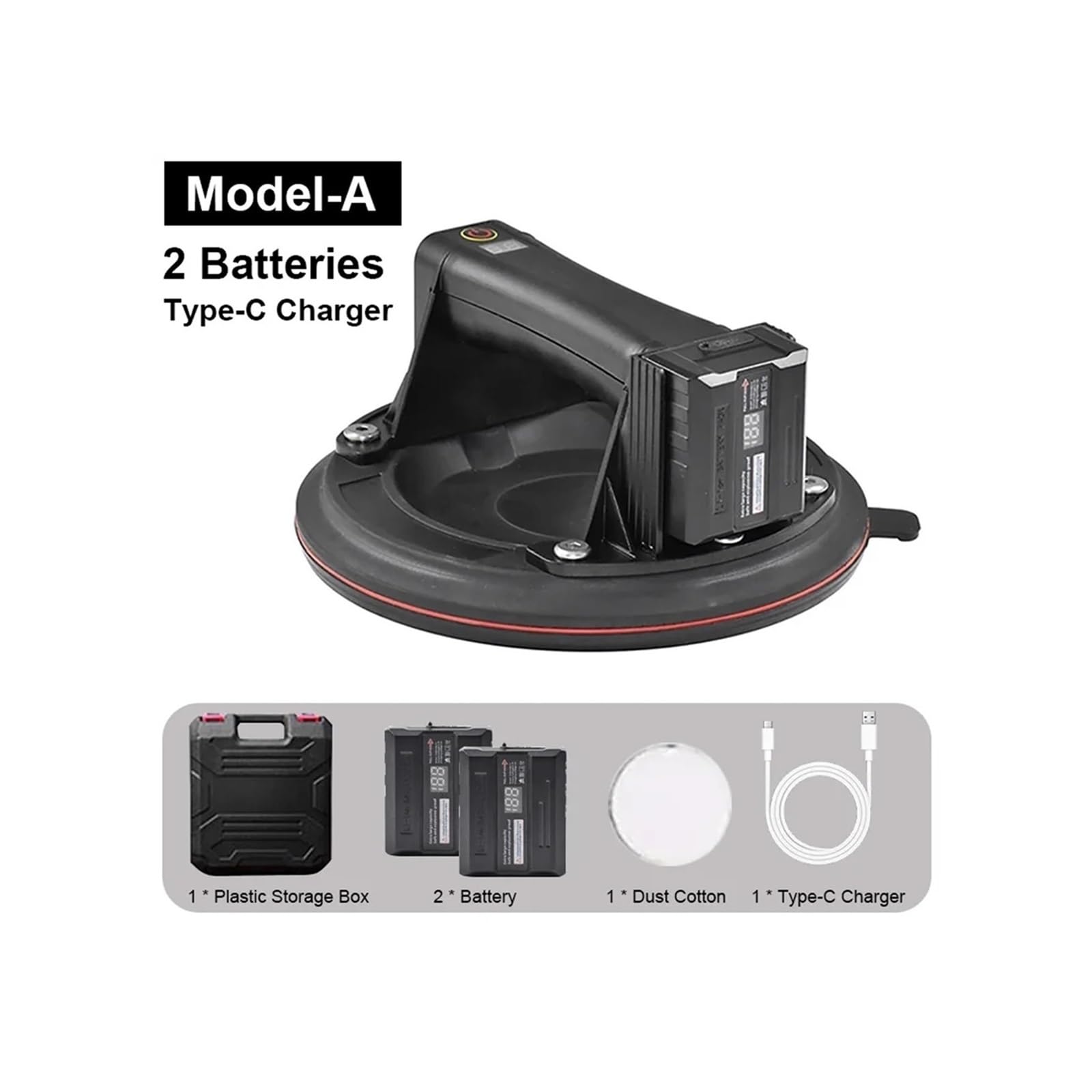 Ventosas de vidrio, Ventosa de vacío eléctrica 8 pulgadas, herramientas elevación pesadas LED goma doble capa for baldosas cerámica para azulejos, parabrisas, ventanas(Black-2 Batteries)