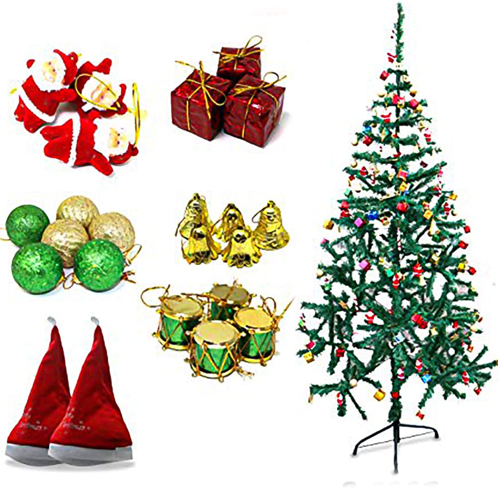 Zest 4 Toyz 7 Feet Christmas Tree with 2 Santa Cap & 60 Pcs Tree Decoration Hanging Ornaments Set for Christmas Home Decor (Balls, Bells, Gifts, Drums, Candy Sticks & Santa Claus)
