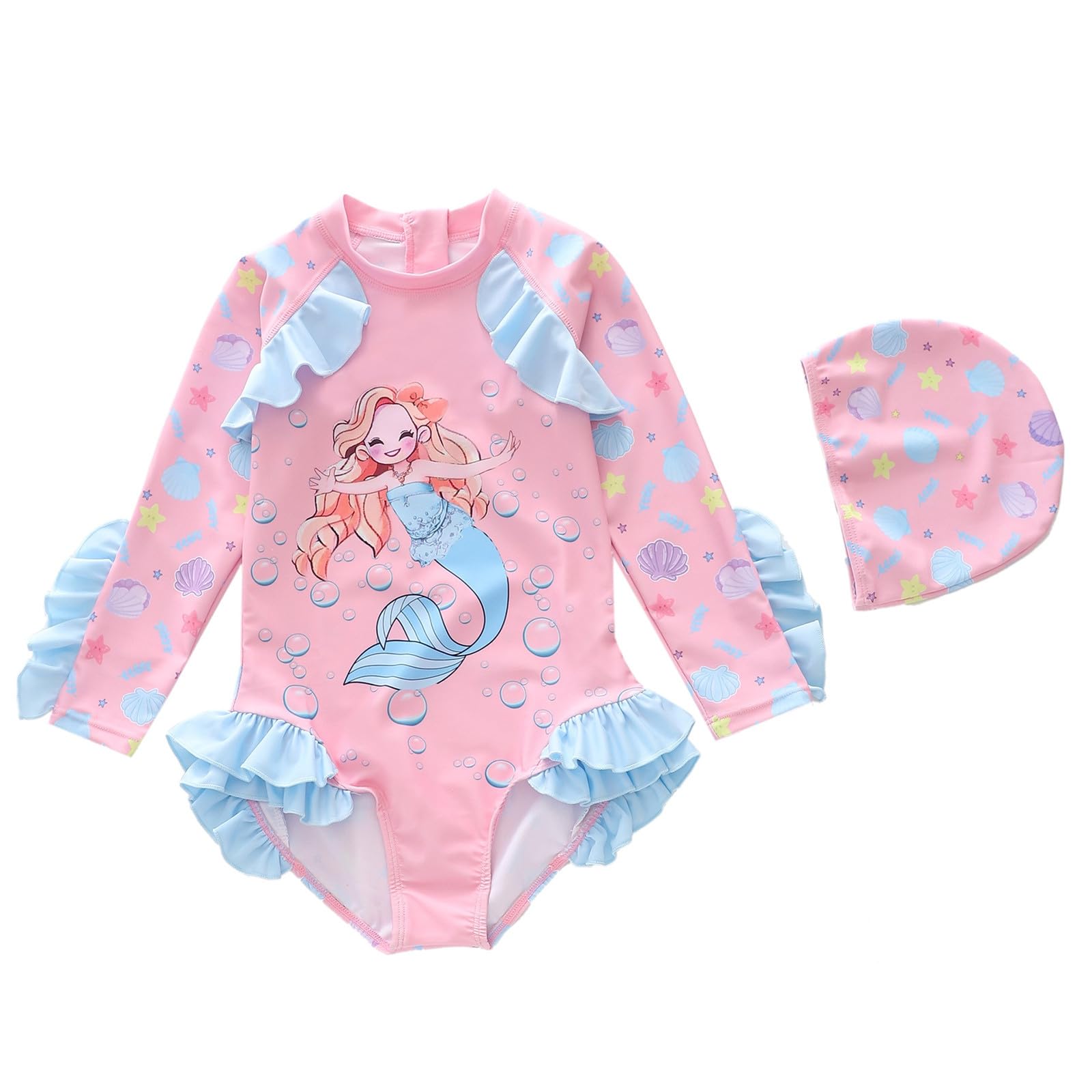 Generisch Bañador para niña con mangas largas y ribete de volantes florales, protección solar para niños pequeños y escolares