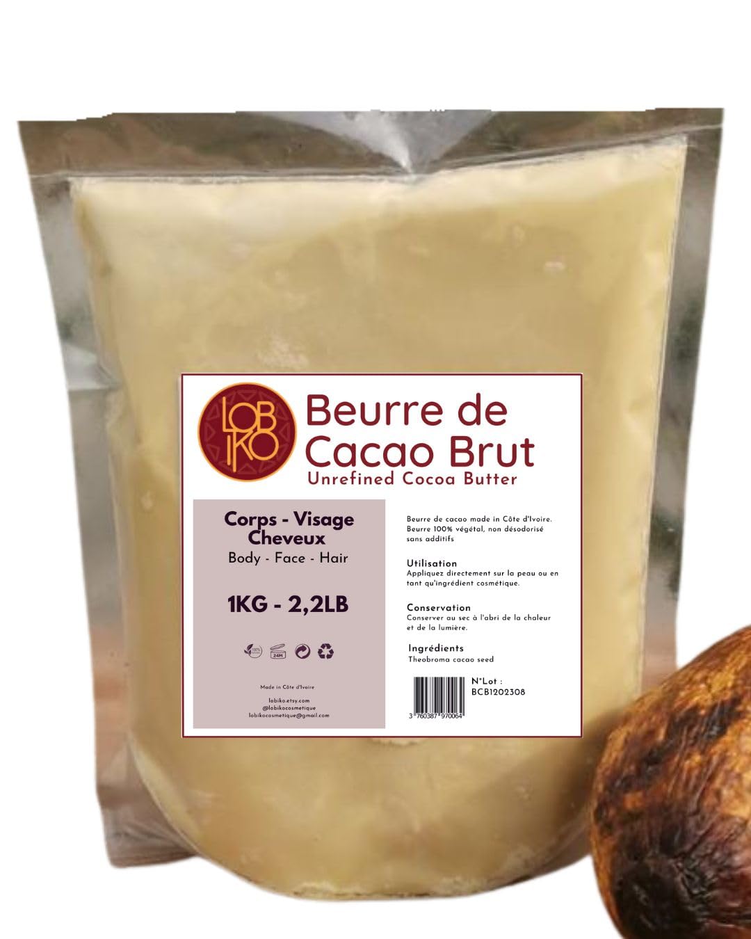 1kg Beurre de cacao brut, pur, 100% naturel, non raffiné - De Côte d'Ivoire - Non OGM - Riche en Antioxydants et Acides Essentiels Sans Additifs - Cheveux Corps - Anti Rides - Relaxation - Massage