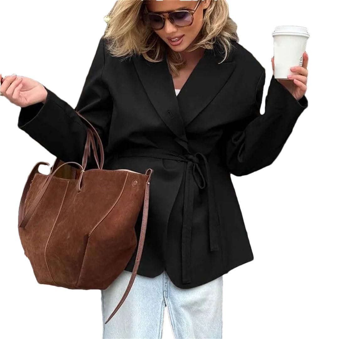 Women S Tie Up Office Blazer Coat Elegant Slim Lapel Full Sleeve Shoulder Pad Jacket