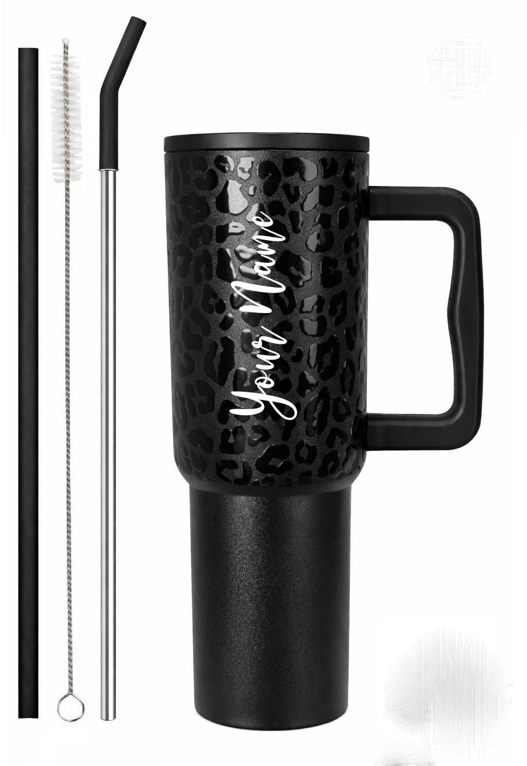 Personalised with Your Name, 1200ml Tumbler with Straw - Handle – Stainless Steel Double Wall Insulated Cup | Leakproof Sipper Mug for Hot - Cold Drinks | Coffee - Water Tumbler (Leapard Black Custom)