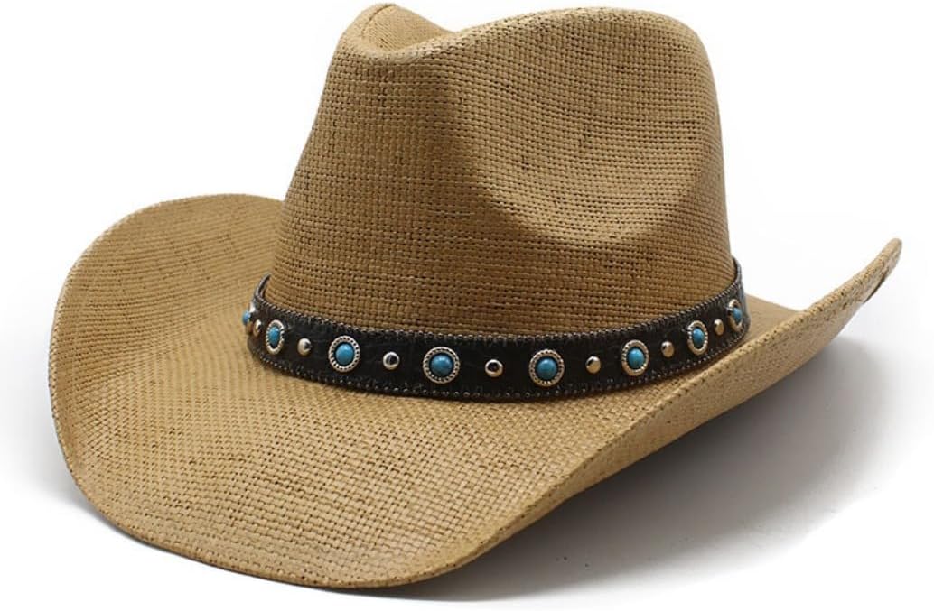 Western Cowboy Hat with Turquoise Studded Band, Natural Straw, Wide Brim