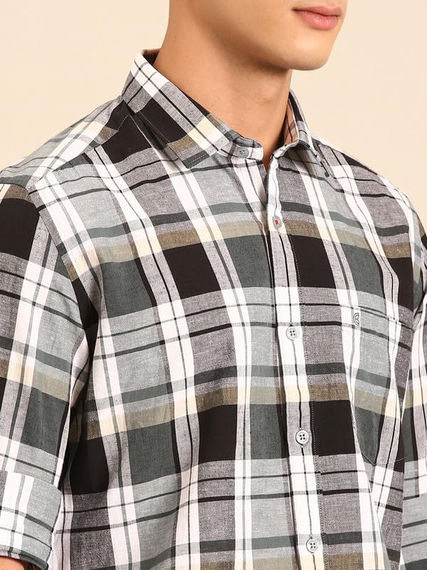 Image of Cavallo by Linen Club Men's Blended Linen Blue Solid Contemporary Fit Full Sleeve Casual Shirt