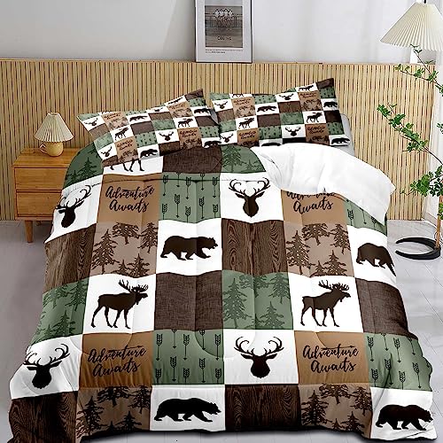 LUVIVIHOME 3PCS Rustic Cabin Comforter Set, White Brown Sage Green