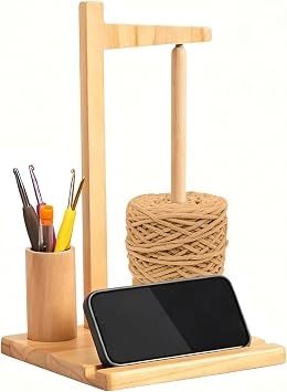 Crochet Yarn Holder, Natural Color Wooden Yarn Spool Rack for Crocheting and Knitting with Phone Stand and Crochet Hook Storage, Yarn Ball Holder Spinner for Crochet Lovers