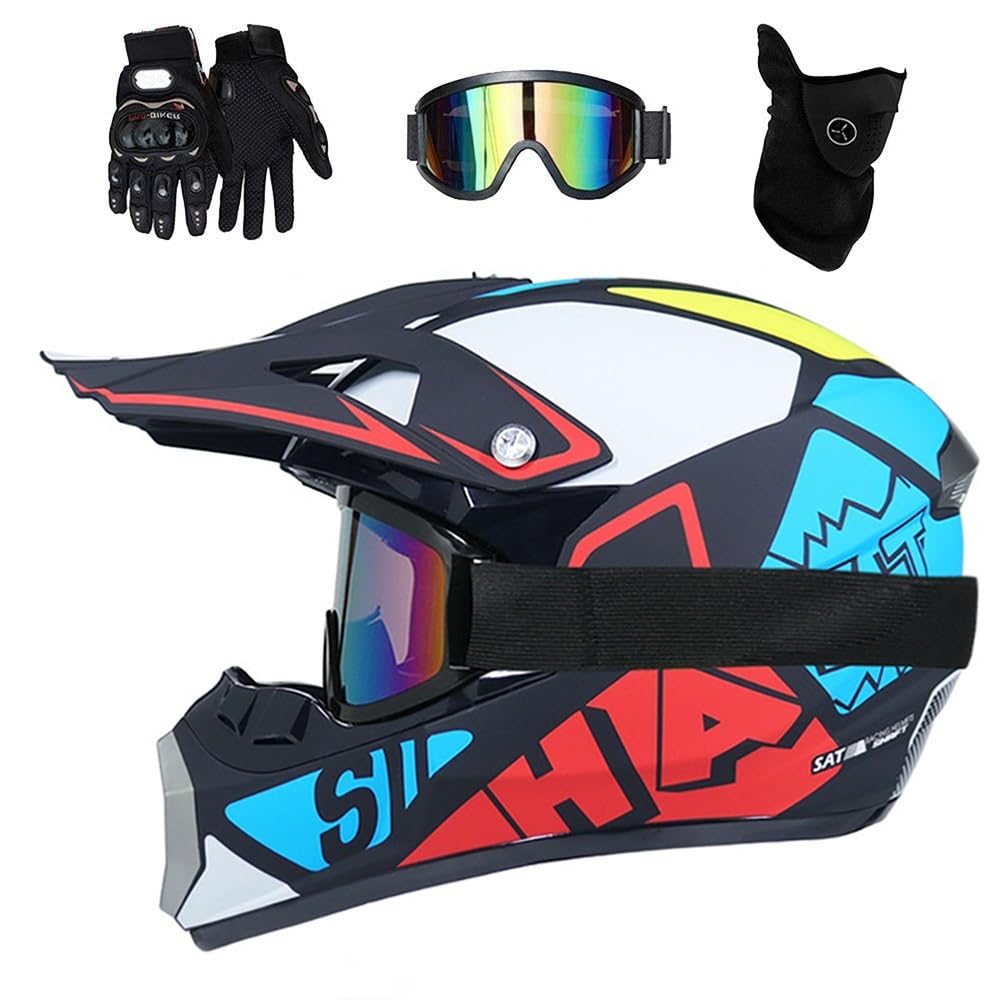 Ragazzi Bambini Integrali MTB Casco da Motocross, con Occhiali Guanti Maschera, Dual Sport Elegante Fuoristrada ATV Moto Caschi, Unisex Downhill Enduro BMX Dirt Bike Casco