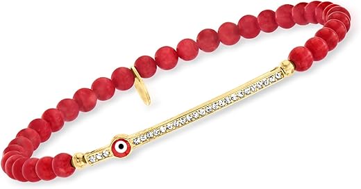 Ross-Simons 4mm Simulated Red Coral Bead and .10 ct. t.w. CZ Evil Eye Stretch Bracelet With Enamel in 18kt Gold Over Sterling B07BYT6ZB2