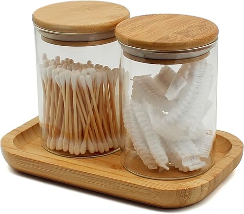 Miniatura 1 de Soporte Qtip, recipientes de vidrio para baño con tapa de bambú, soporte de bolas de algodón con bandeja, tarros de boticario para hisopos de