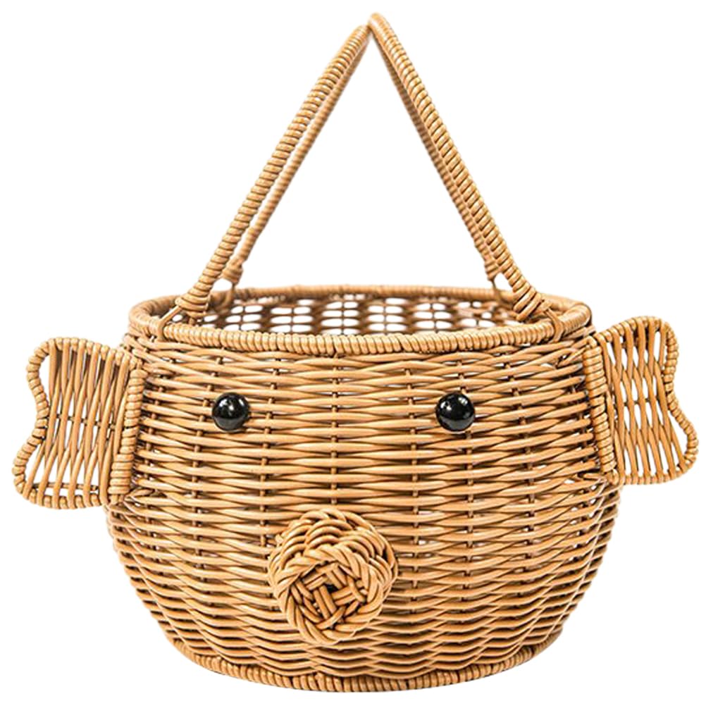 Cabilock Wicker Picnic Baskets with Handles - Pig Shape Imitation Rattan Woven Basket, Hand-Woven Basket for Fruit, Empty Favor t Basket for Festival, Wedding, Camping