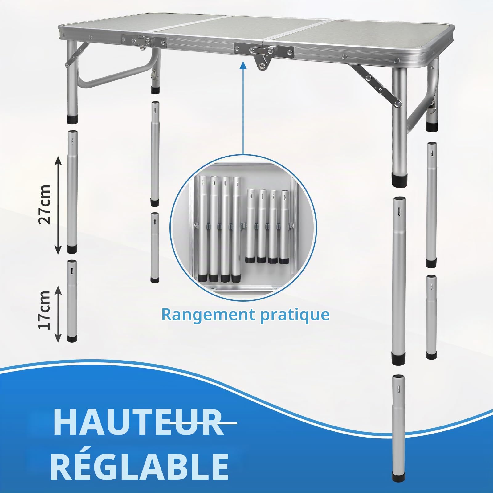 CPROSP Table de Camping Pliante Portable 90 * 40 cm, Extérieure Noire | Hauteur Réglable 26-70 cm; avec Filet de Rangement; Sac de Transport Inclus; en Aluminium MDF pour 4 Personnes