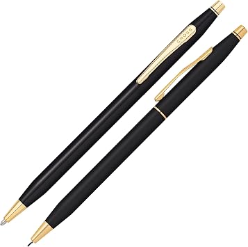 CROSS Classic Century Classic Black Pen and Pencil Set with 23CT Gold-Plated Appointments incl. Premium Gift Box   Refillable Medium Ballpen & 0.7 mm Pencil