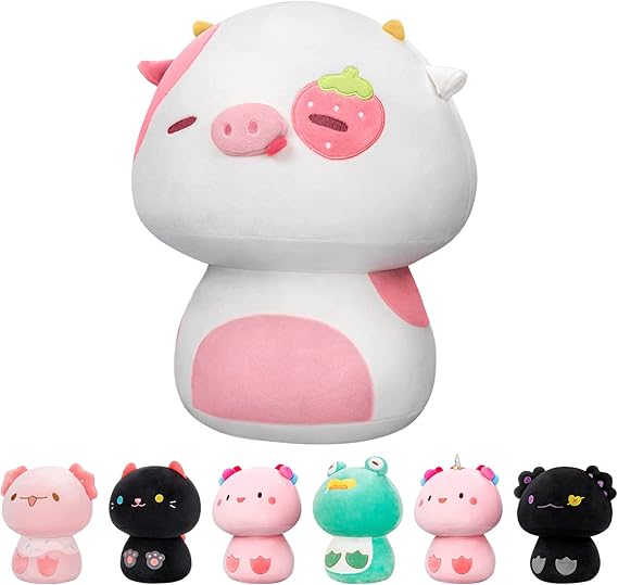Mewaii Mushroom Plush, Strawberry Cow Plush Pillow Soft Plushies Squishy Pillow