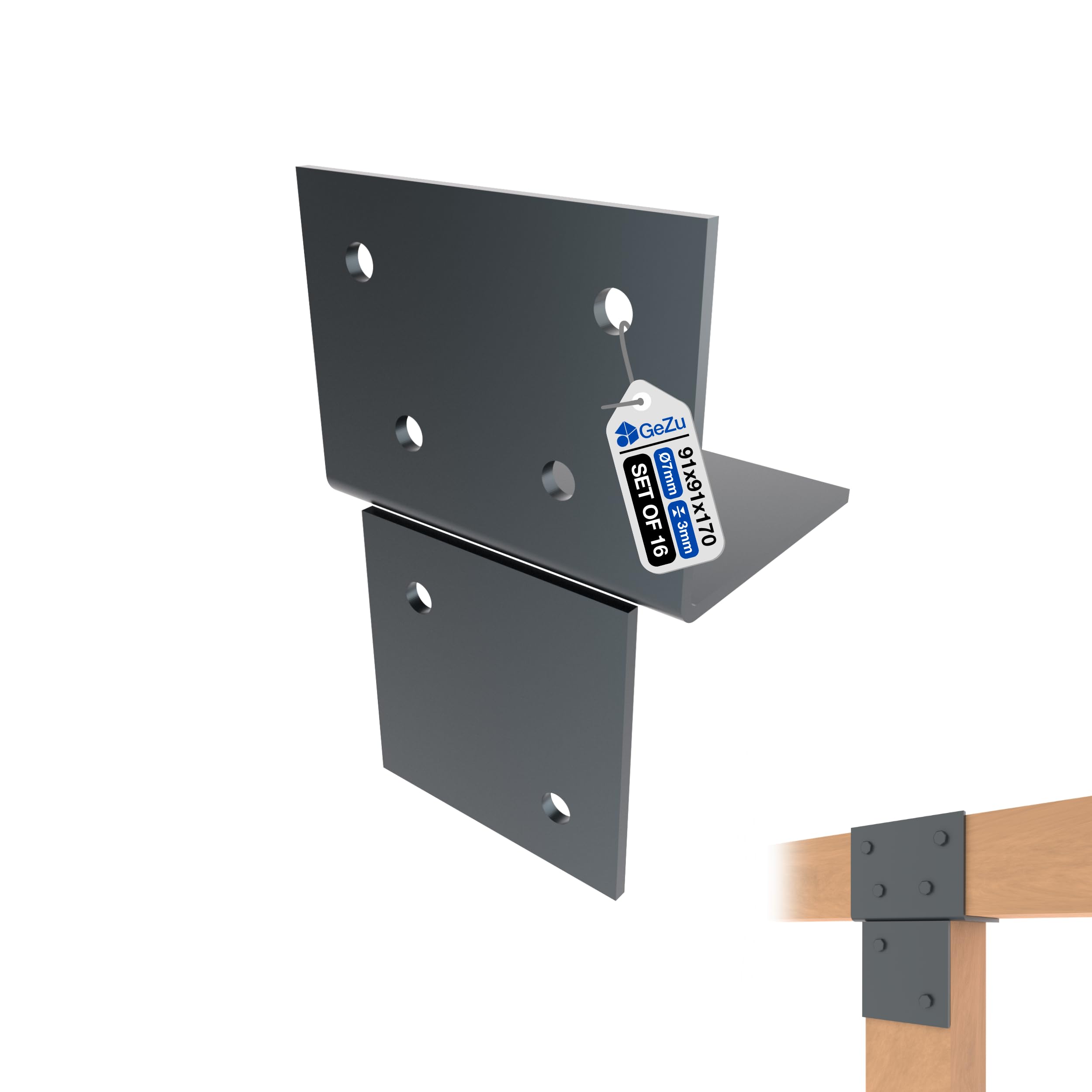 GeZu Impex Wood Connector T Piece 91x91mm Anthracite Powder Coated Set of 16 T Connector Bracket Wall & Post Connector for Wooden Structures