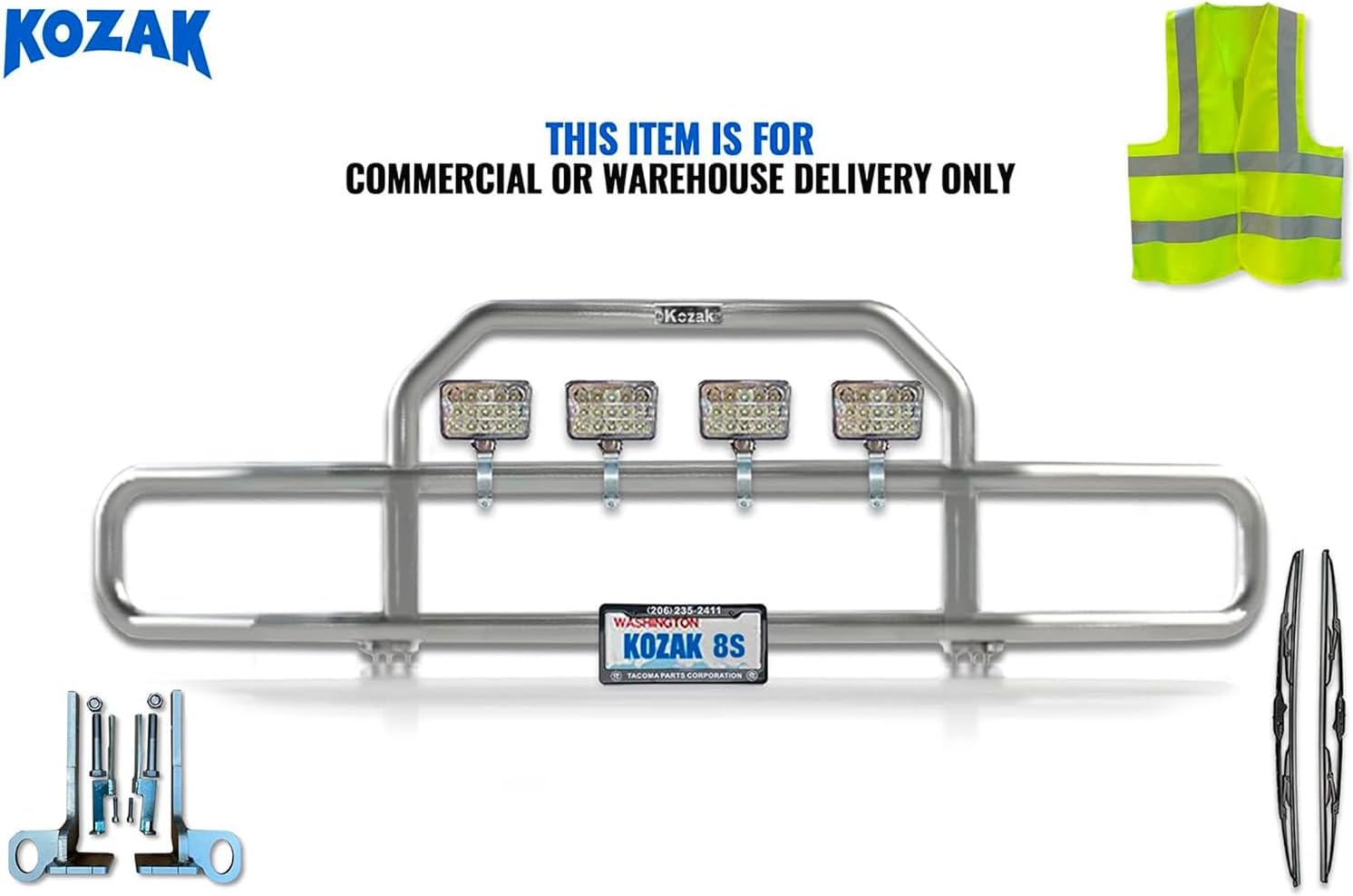 Chrome Front Grille Deer Moose Brush Bumper Guard with 4X 6 LED Lights Compatible with Peterbilt 579 2013-2020 Plus Mounting Brackets, Logo, 22'' Wipers, License Plate Holder and Frame, Vest