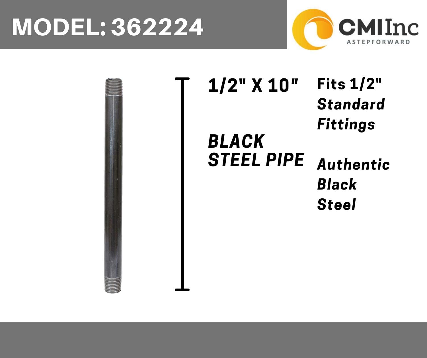 CMI Inc 1/2" x 10" Industrial Black Pipe, Malleable Cast Iron Pipe Nipple, for Vintage DIY Furniture Home Pipe Decor, Fits Half Inch Black Threaded Pipe Nipples and Fittings, 10 Pack (10, 1/2" x 10") - 