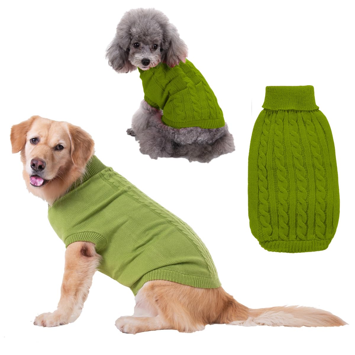 FANSU Small Dog Jumper Soft Turtleneck Puppy Sweater Solid Color Twist Thicken Knitt Dog Pullover Vest Coat for Small Medium Large Dogs and Cats, Warm Pet Christmas Winter Outfit (L,Light green)
