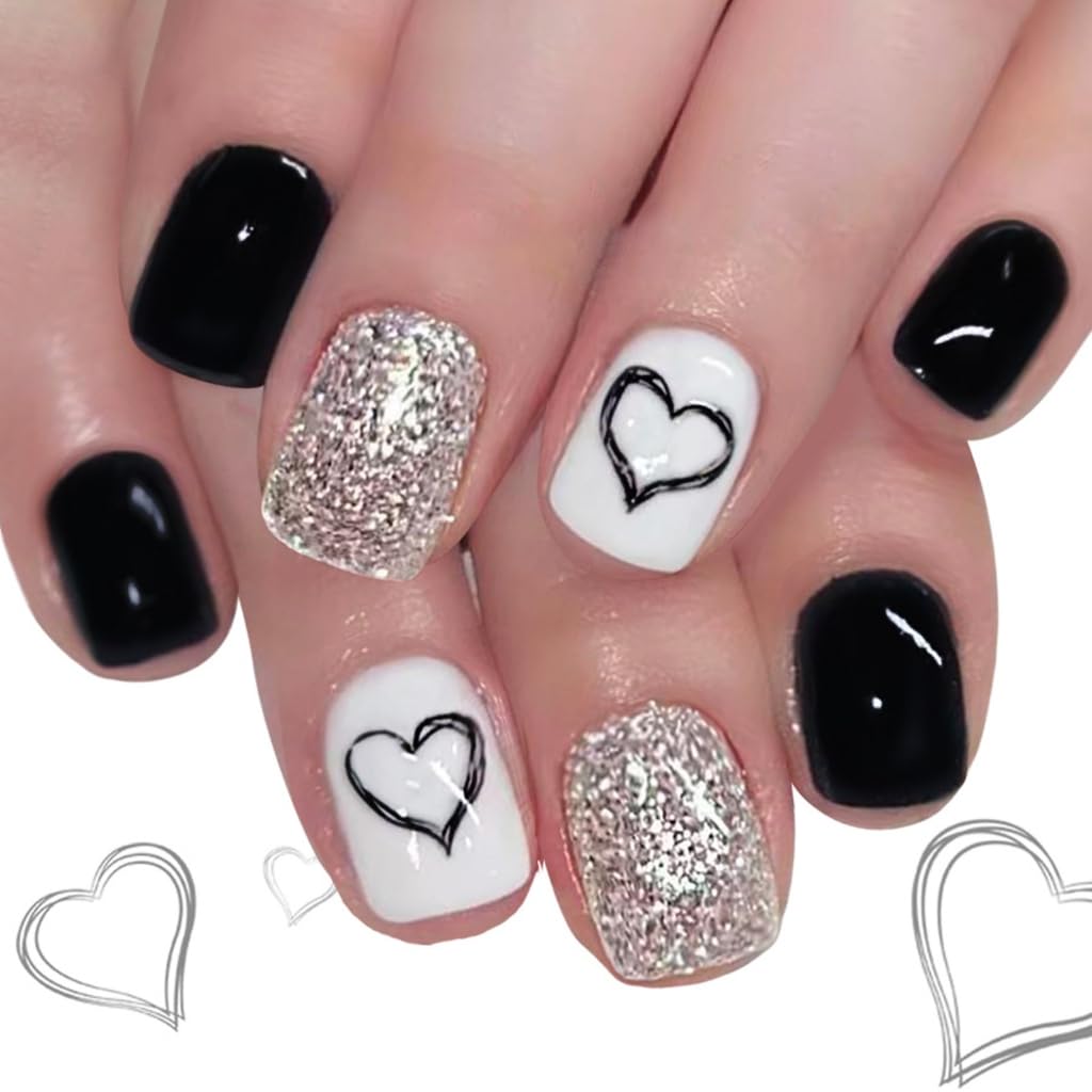 Silver Glitters Artificial Nails 24PCS Valentine Black Heart Design Short Square Fake Nails For Girls Party Wedding