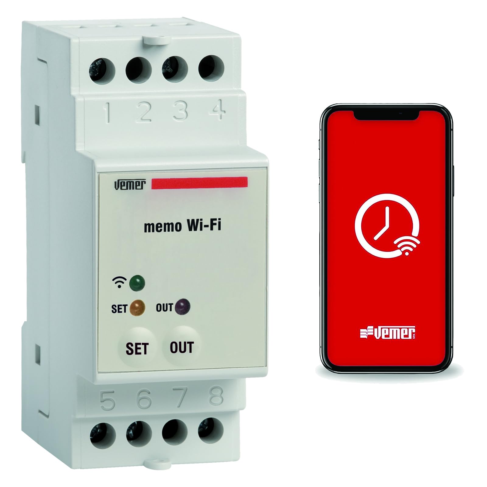 VEMER VE780700 MEMO WIFI - Interruttore WiFi con Programmazione Oraria o Astronomica, Timer controllabile da Smartphone tramite APP disponibile su IOS e Android, Installazione su Barra DIN, Bianco