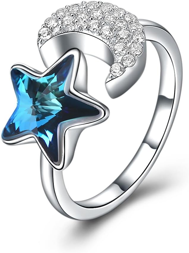 Moon Star 925 Sterling Silver Open Ring for Women with CZ Austrian Crystal