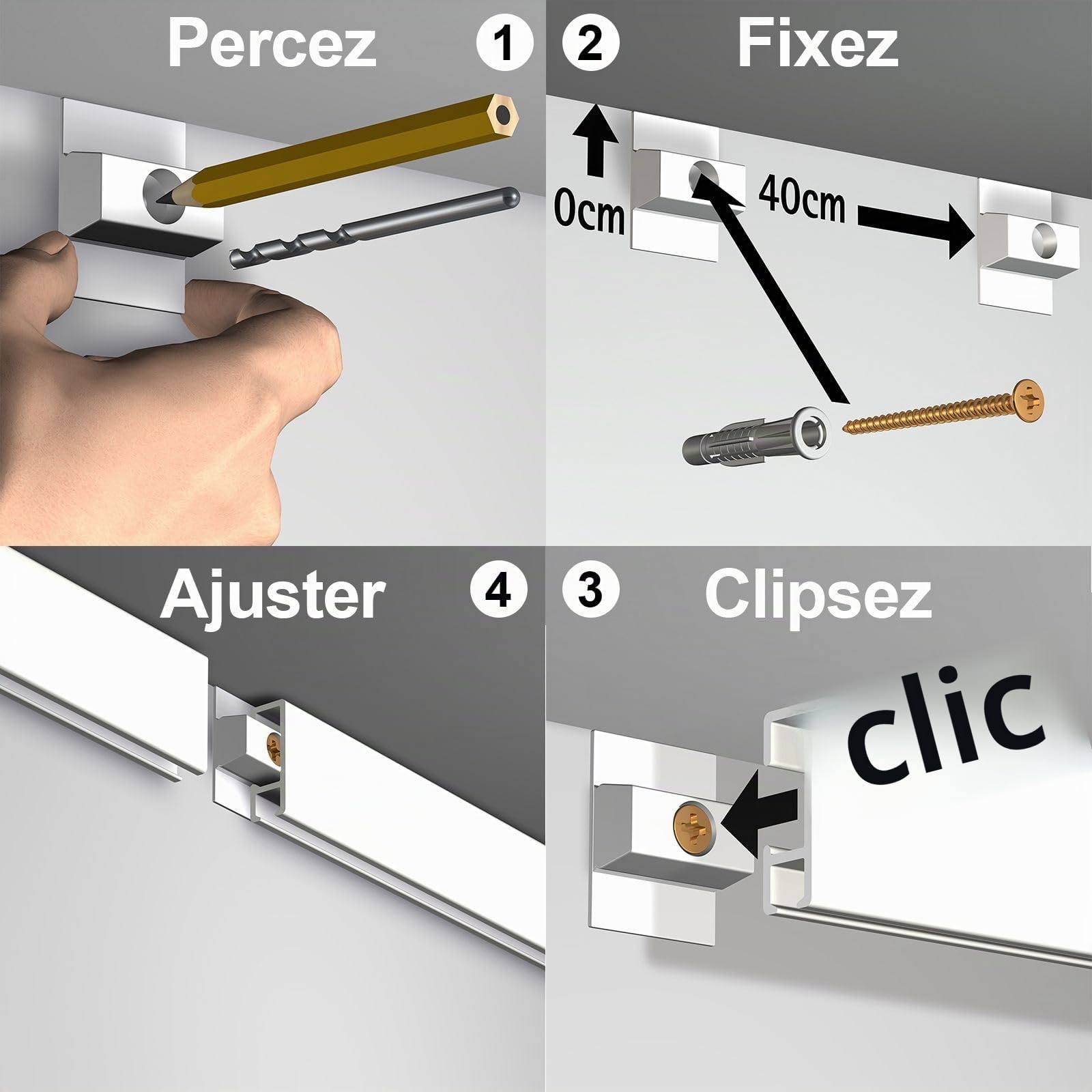 Arti Teq - Pack Eco 4 mètres de cimaise Click Rail couleur Blanc laqué (RAL9010) - Solution suspension cadres et tableaux - Blanc