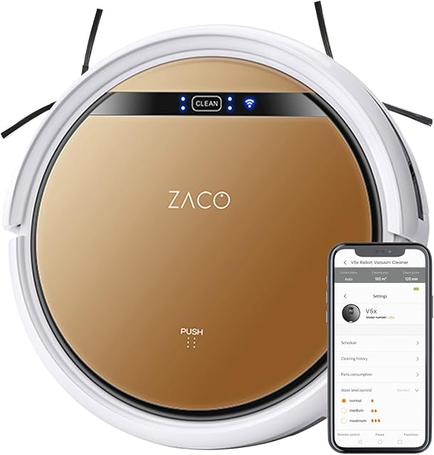 ZACO V5x Robot Vacuum Cleaner z funkcją mopowania, sterowanie przez aplikację i Alexa, 8,1cm płaski, automatyczne odkurzanie lub mopowanie, do twardych podłóg, ze stacją ładującą, z wifi, 65 decybeli