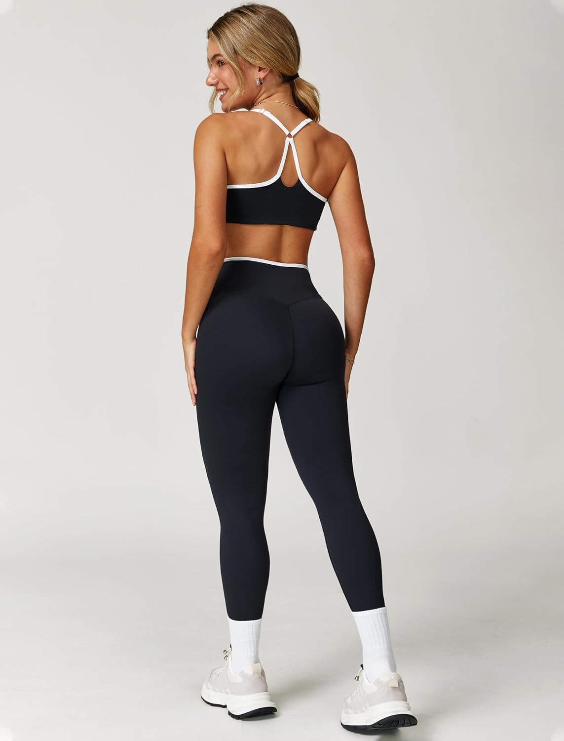 Women 2 Piece Workout Sets ColorBlock Cross Back Sports Bra High Waist Tummy Control Active Leggings Yoga Outfit - Image 3
